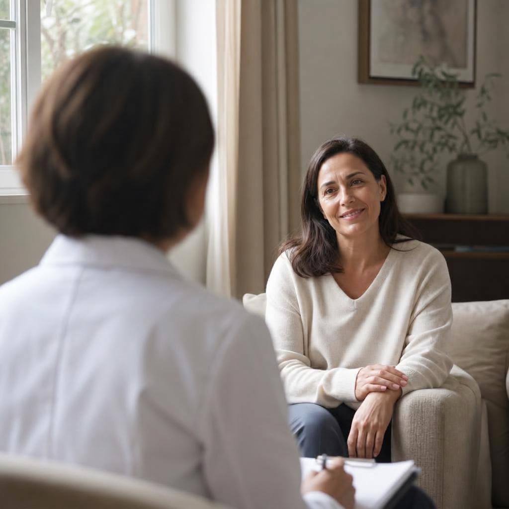 Adult patient speaking privately with a healthcare provider wearing a lab coat and shown from behind